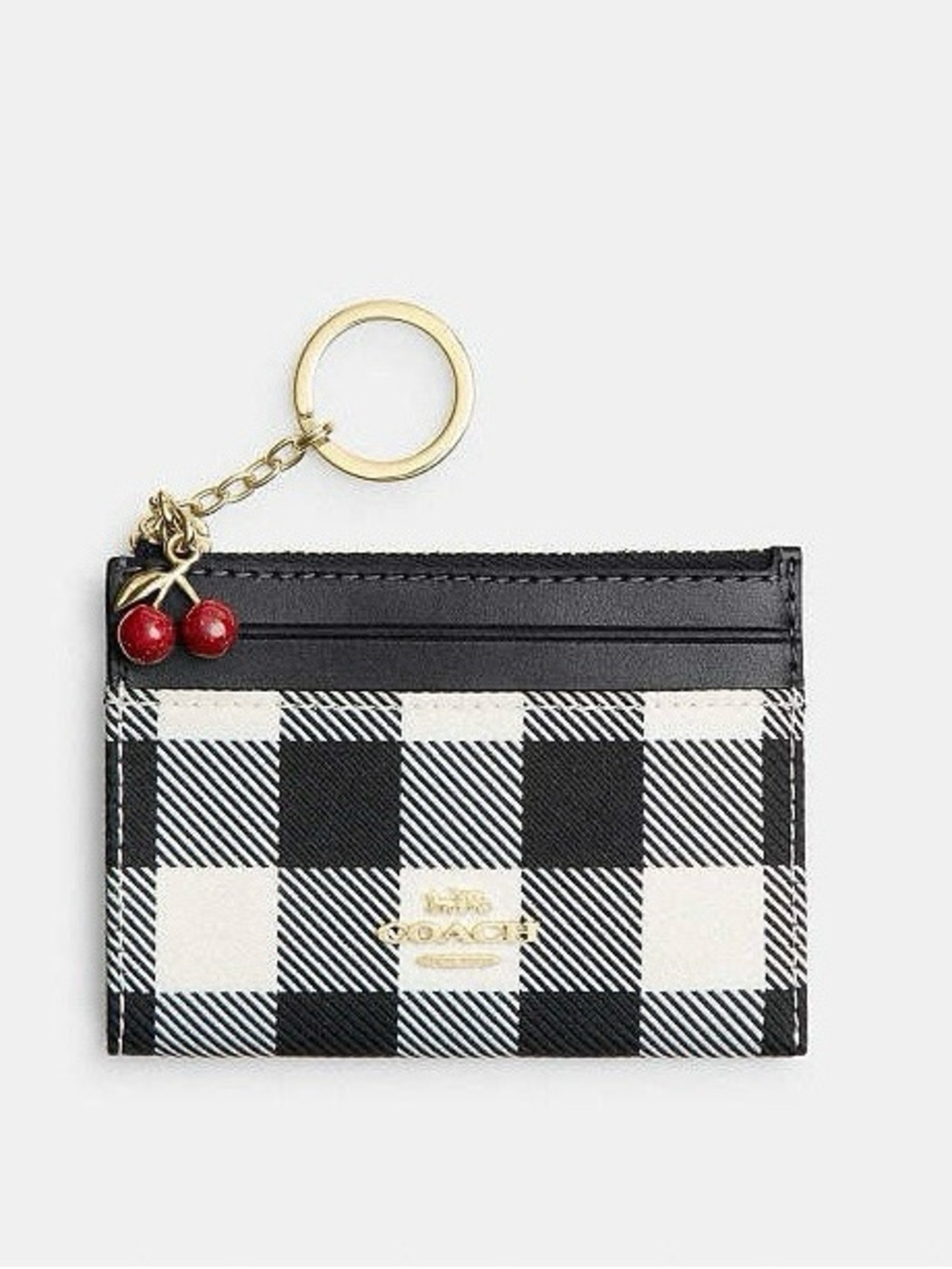 Coach Mini Skinny Id Case With Gingham Print And cherry Charm NWT